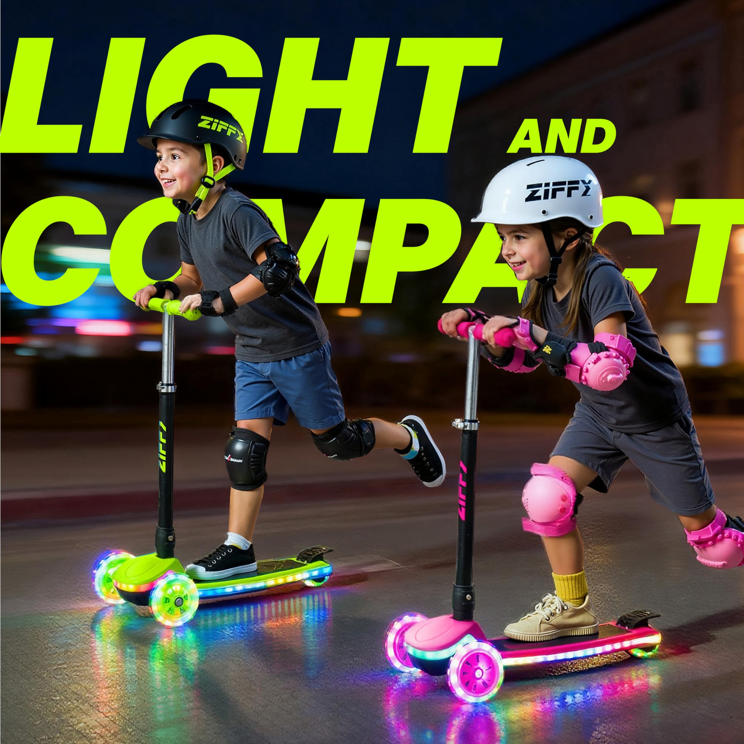 ZIFFY Kids Scooter for Boys & Girls LED Light-Up Wheels, 4 Adjustable Height Handlebars, and Lean-to-Steer Design with Anti-Slip