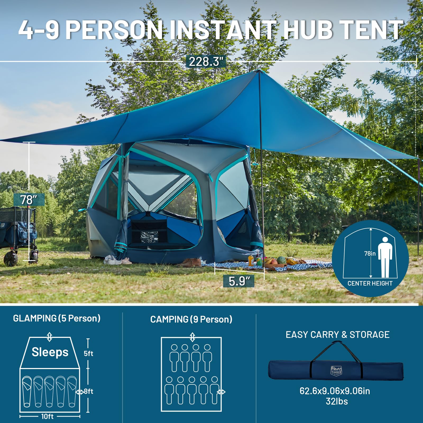 Timber Ridge 4-5 Person Instant Pop Up Cabin Hub Tent, 60S Easy Setup, Weather Resistant Family Tent With Rain Fly And Carry Bag