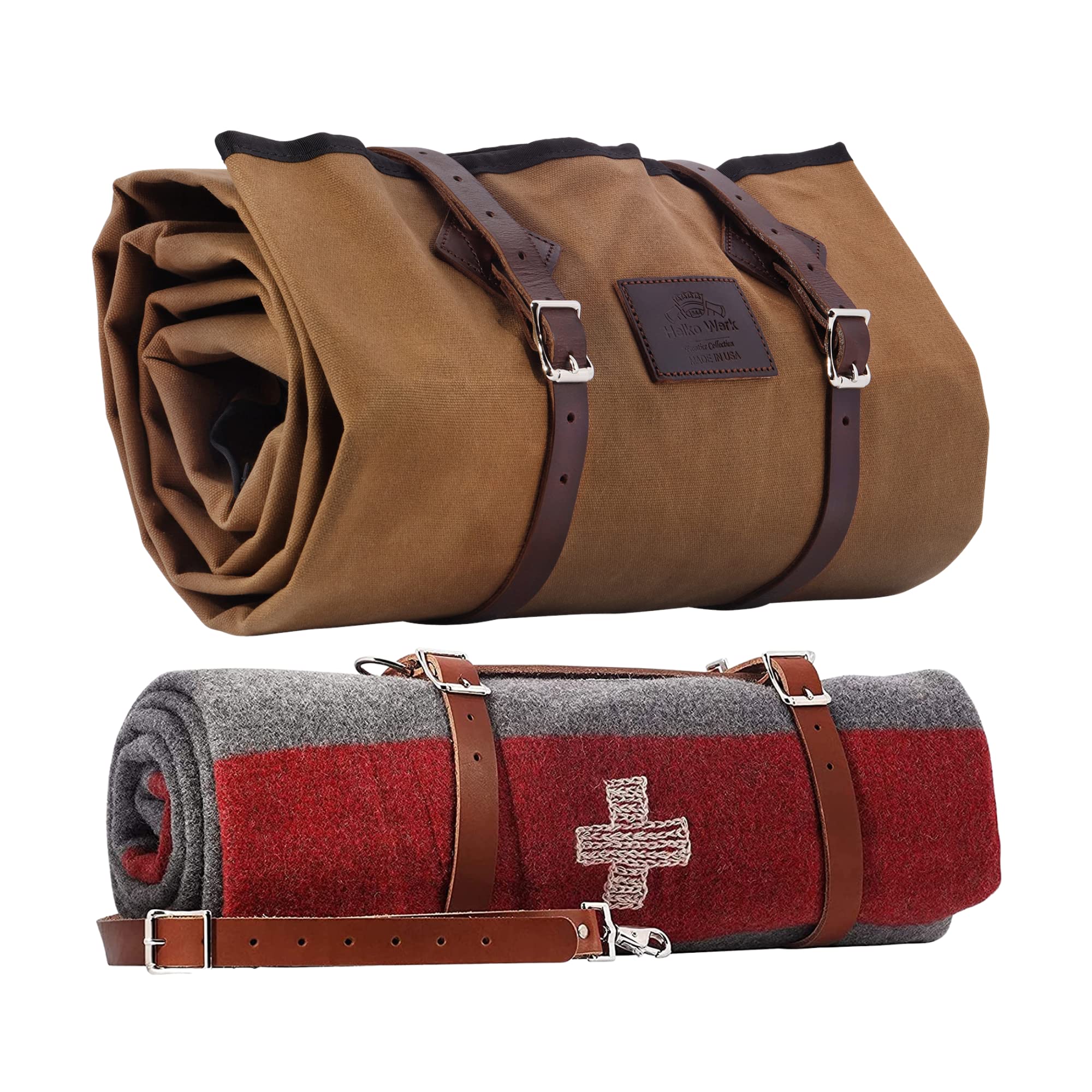 1844 Helko Werk Germany Waxed Canvas Bedroll & Swiss Army Blanket Bundle - Camping Bedroll With Leather Straps And Zipper - Wate