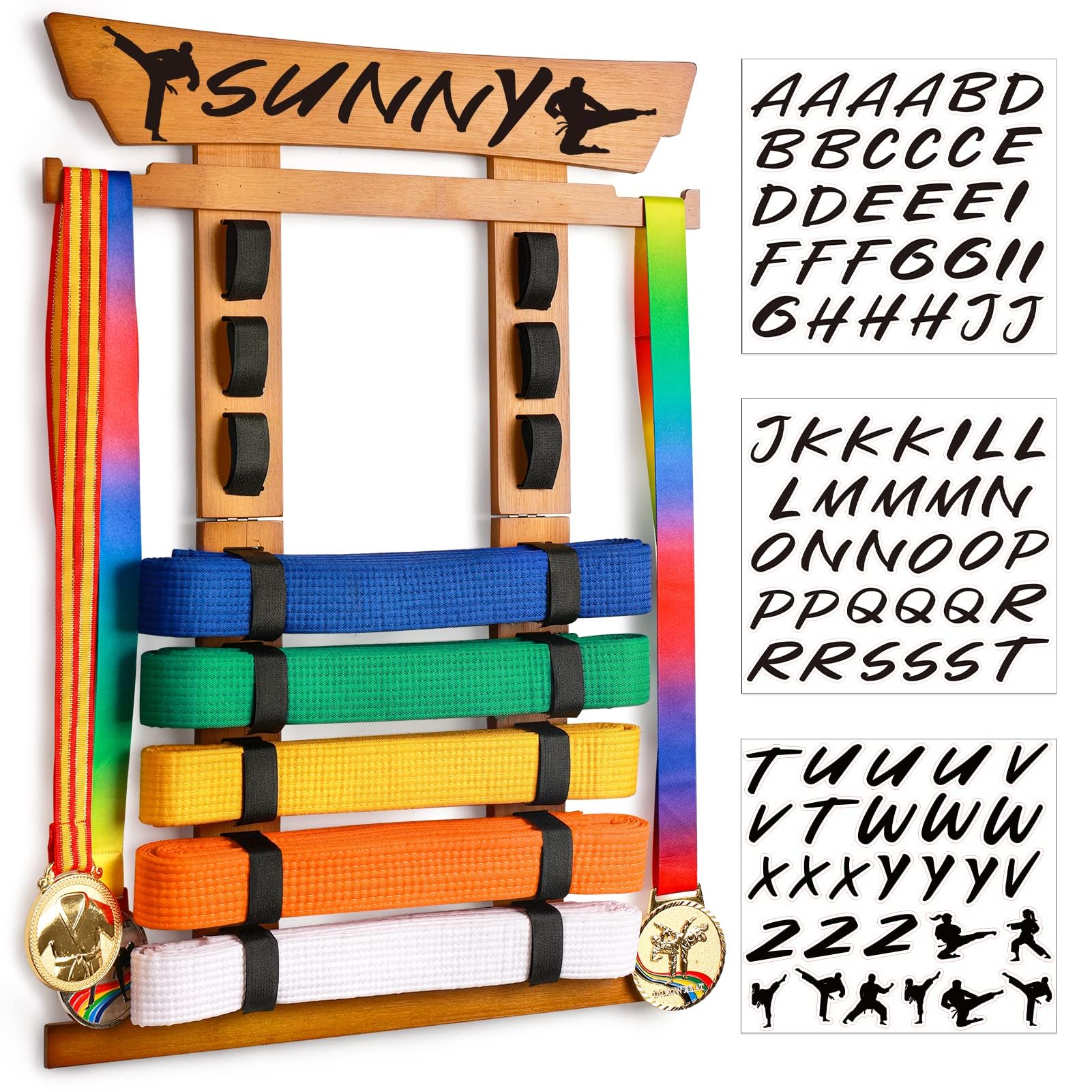 Tilhumt Karate Belt Display Rack Holder, Bamboo Taekwondo Belt Display With Stickers, Martial Arts Belt Display For 8 Belts With