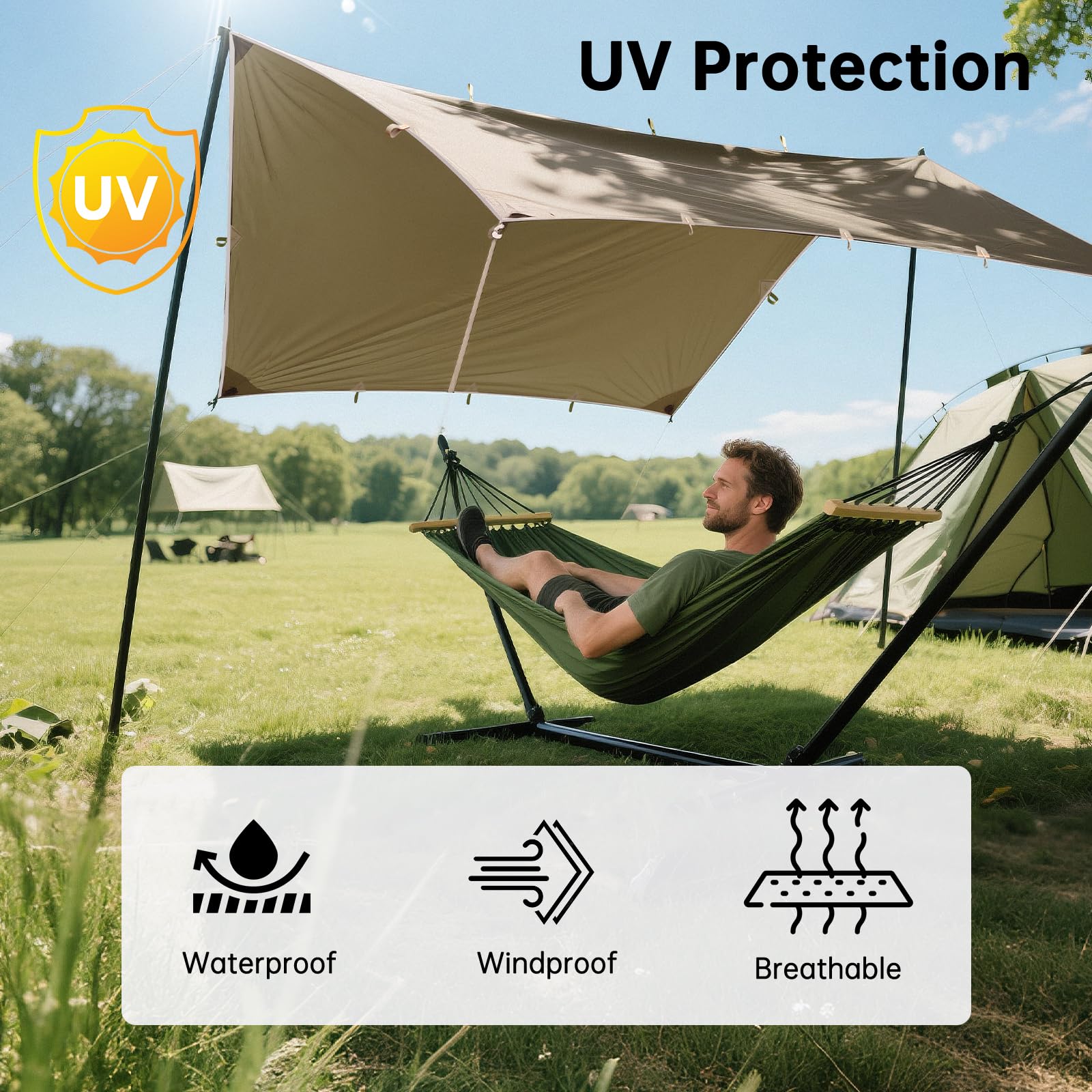 Free Soldier Camping Tarp Waterproof Portable Multifunctional Outdoor Traveling Awning Backpacking Shelter Rain Tarp (Beige 10