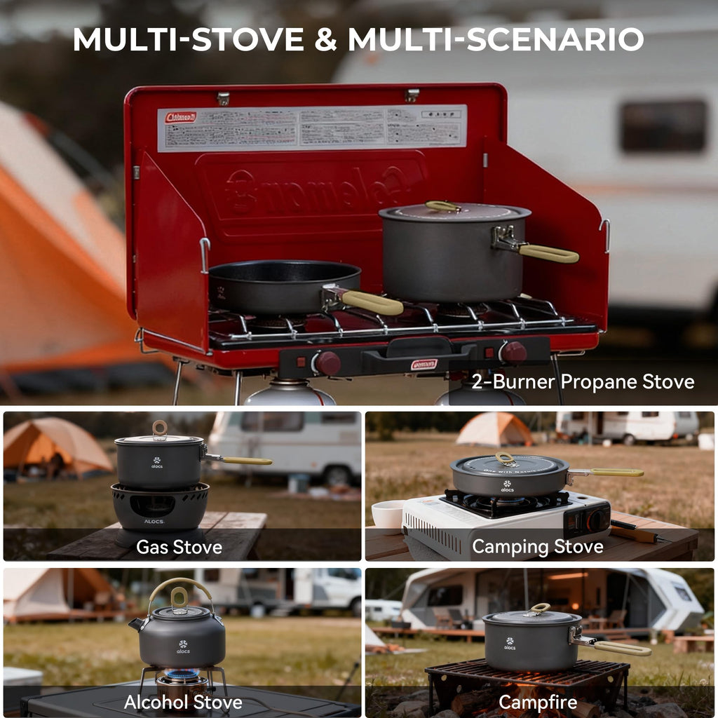 Alocs Portable Camping Cookware - Upgraded Handle, Non-Stick Camping Pan Set For Outdoor Kitchen, Picnic, Hiking And Fishing