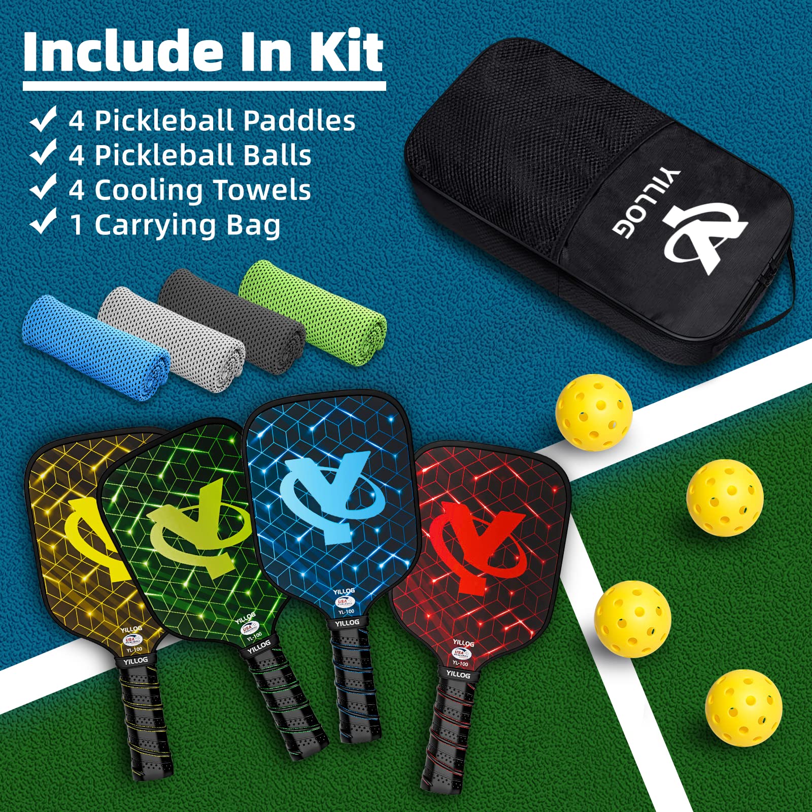 Yillog Pickleball Paddles, Usapa Approved, Set Of 4, Fiberglass Surface Pickleball Set, 4 Pickleball Balls, 4 Cooling Towels, Pi