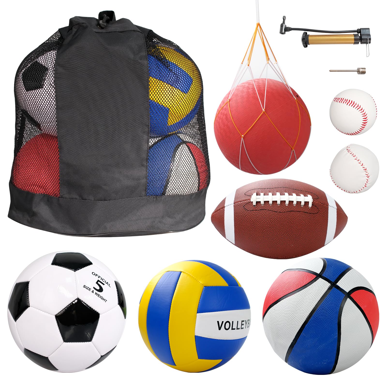 TANEMUDO 7 Piece Multi Purpose Sports Ball Set, Official Size Football, Basketball, Soccer, Volleyball, Playground Ball, Basebal