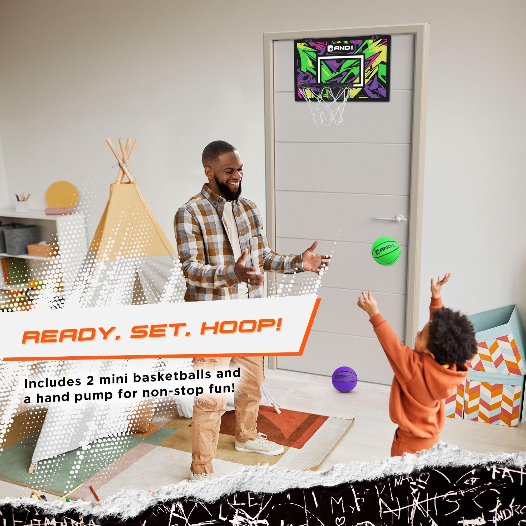 AND1 Over The Door Mini Basketball Hoop: 18x12 Shatterproof Backboard, 2 Mini Basketballs, and Hand Pump Included- Ultimate Indo