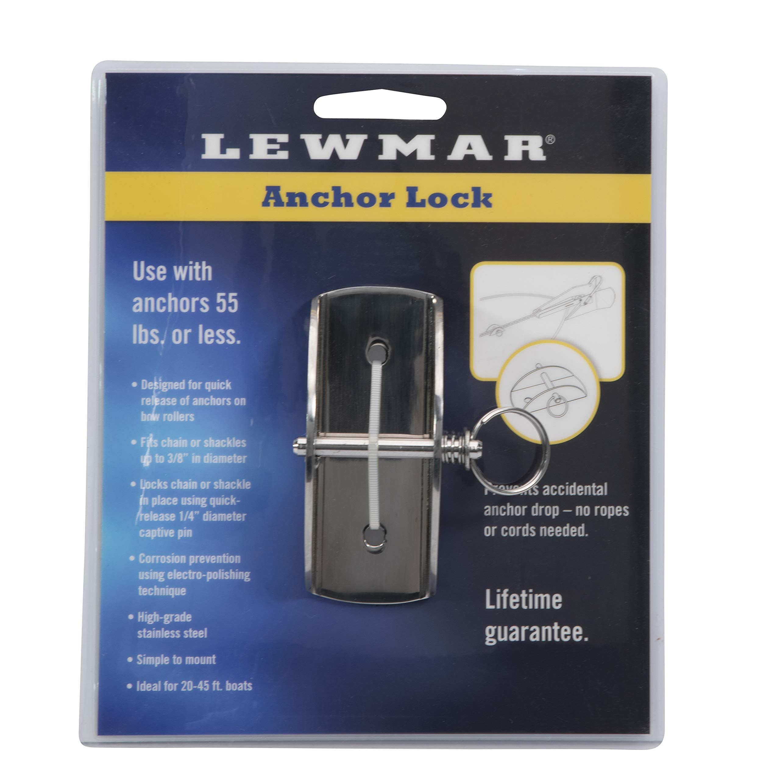 Lewmar Boat Anchor Lock For Anchors Up To 55 Lbs., Stainless Steel, For 3/8'' Chains Or Shackles, Fits Bow Rollers On Boats 20-5
