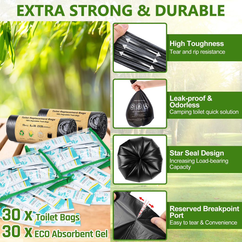 Blika 30 Count Camping Toilet Bags Eco Absorbent Gel Set, Portable Toilet Bags With Gel, 8 Gallon, 30 Liter, Heavy Duty 1 Mil, T