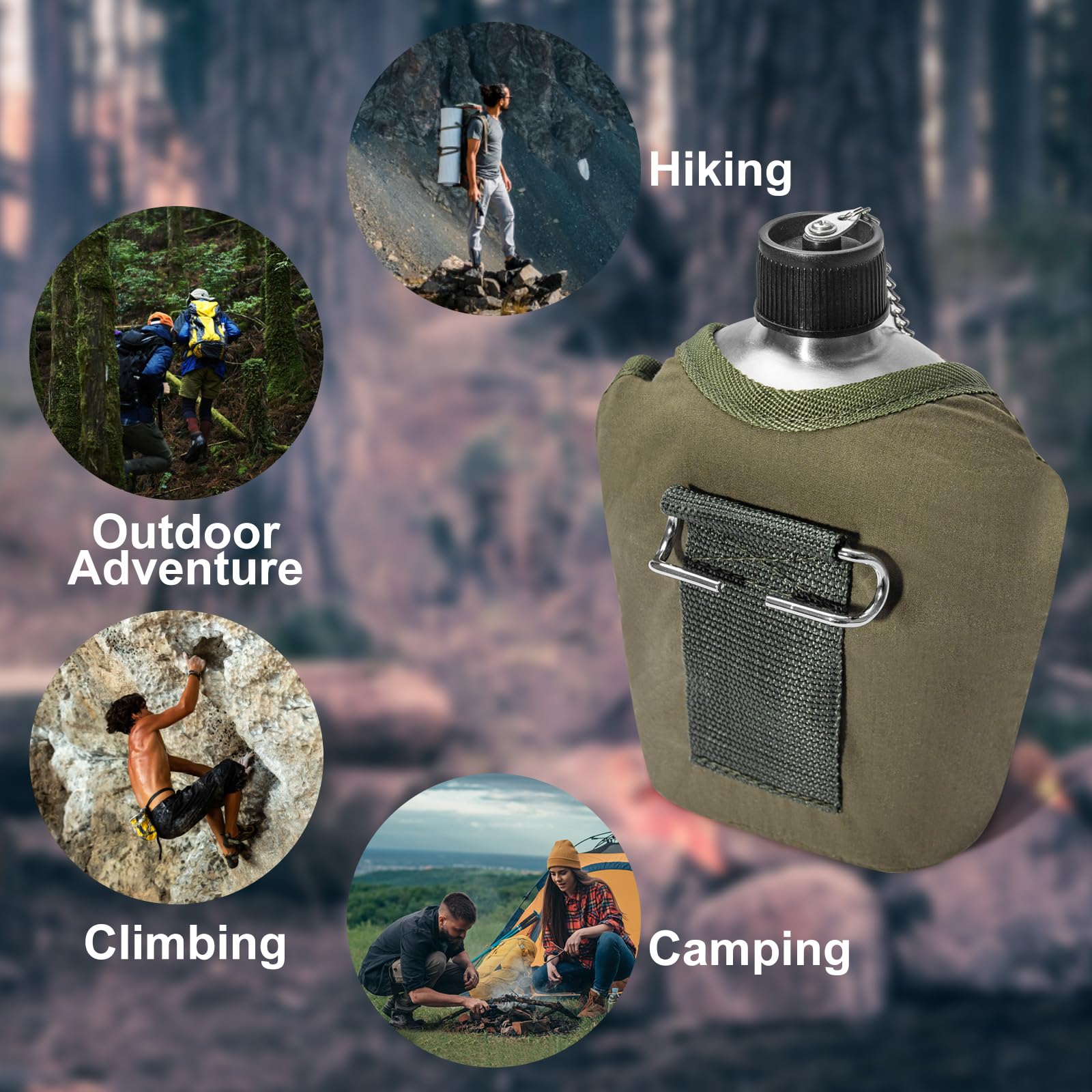 Afranti Stainless Steel Military Canteen 1Qt Portable Army Water Bottle With 0.5Qt Cup & Sleeves For Hiking Camping Climbing And