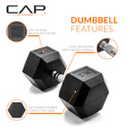 CAP Barbell 75 LB Rubber Coated Hex Dumbbell Hand Weight - Pair | Chrome Handle