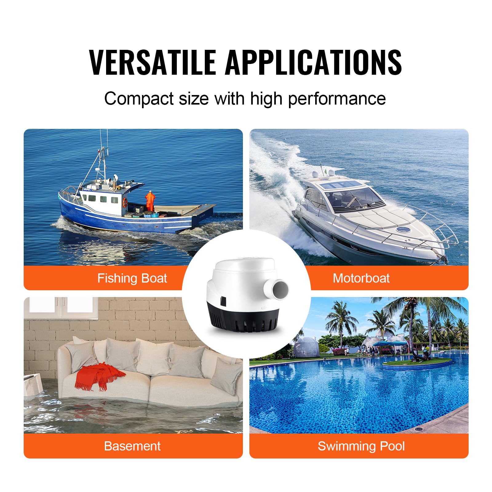Vevor Bilge Pump, 1100Gph 12V Automatic Submersible Boat Bilge Water Pump With Float Switch, 1.1'' Outlet Diameter, Small Boat B