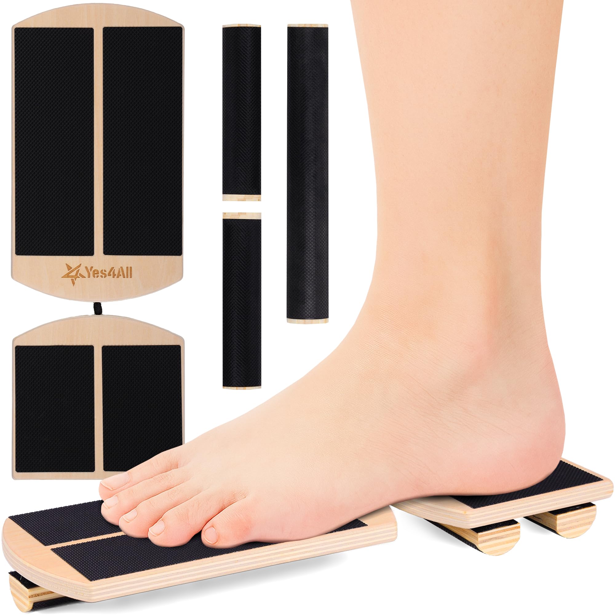 Yes4All Single Leg Balance Board, Anti-Slip Wooden Ankle Strengthener with Half Hook & Loop Foot Bar for Easy Adjustment, 215 LB