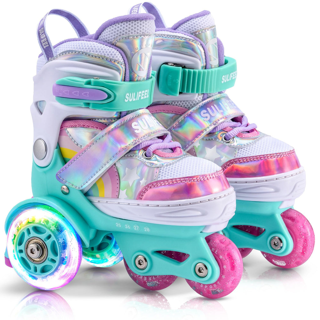 Sulifeel Rainbow Unicorn 4 Size Adjustable Light Up Roller Skates For Girls And Boys For Toddler Green X-Small