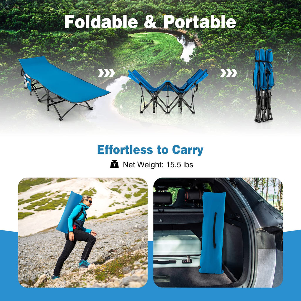 Gymax Camping Cot, 600 Lbs Heavy Duty Sleeping Cot W/Ergonomic Incline Design, 3-In-1 Pocket, Carry Bag, Folding Cot For Adults