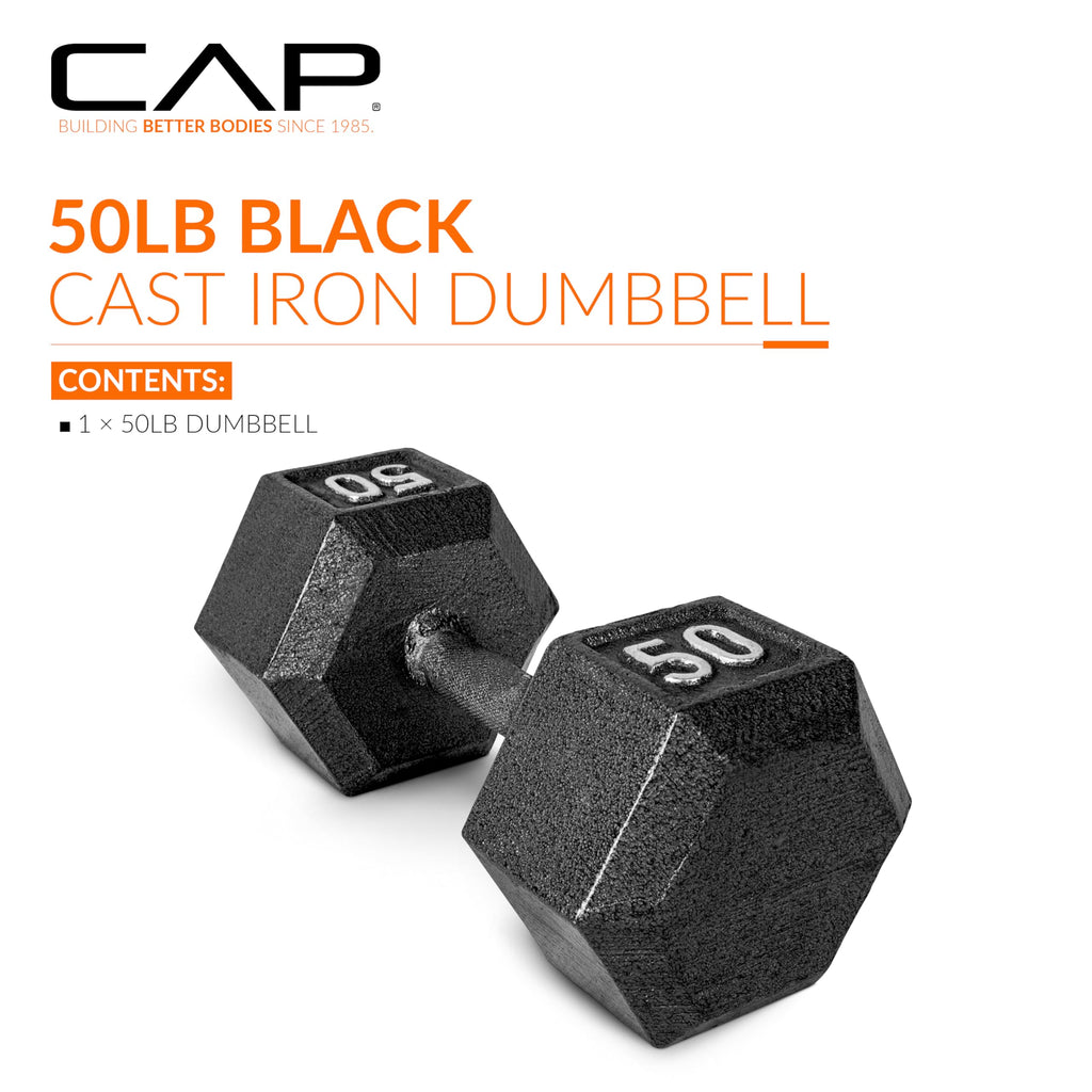Cap Barbell Cast Iron Hex Dumbbell, Black, Single, 50 Lb