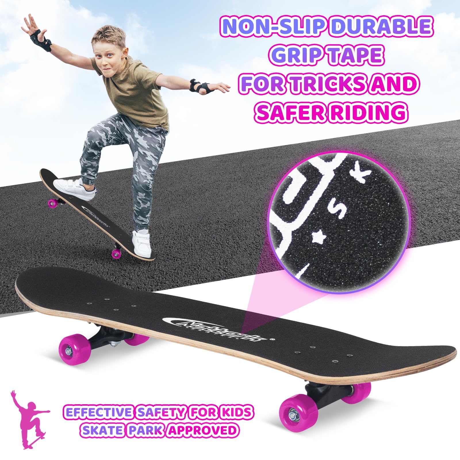 Nattork Skateboards 31 Inch Pink Skeleton Complete Skateboard Wood 9 Layer Canadian Maple Trick Skate Boards for Boys Girls Yout