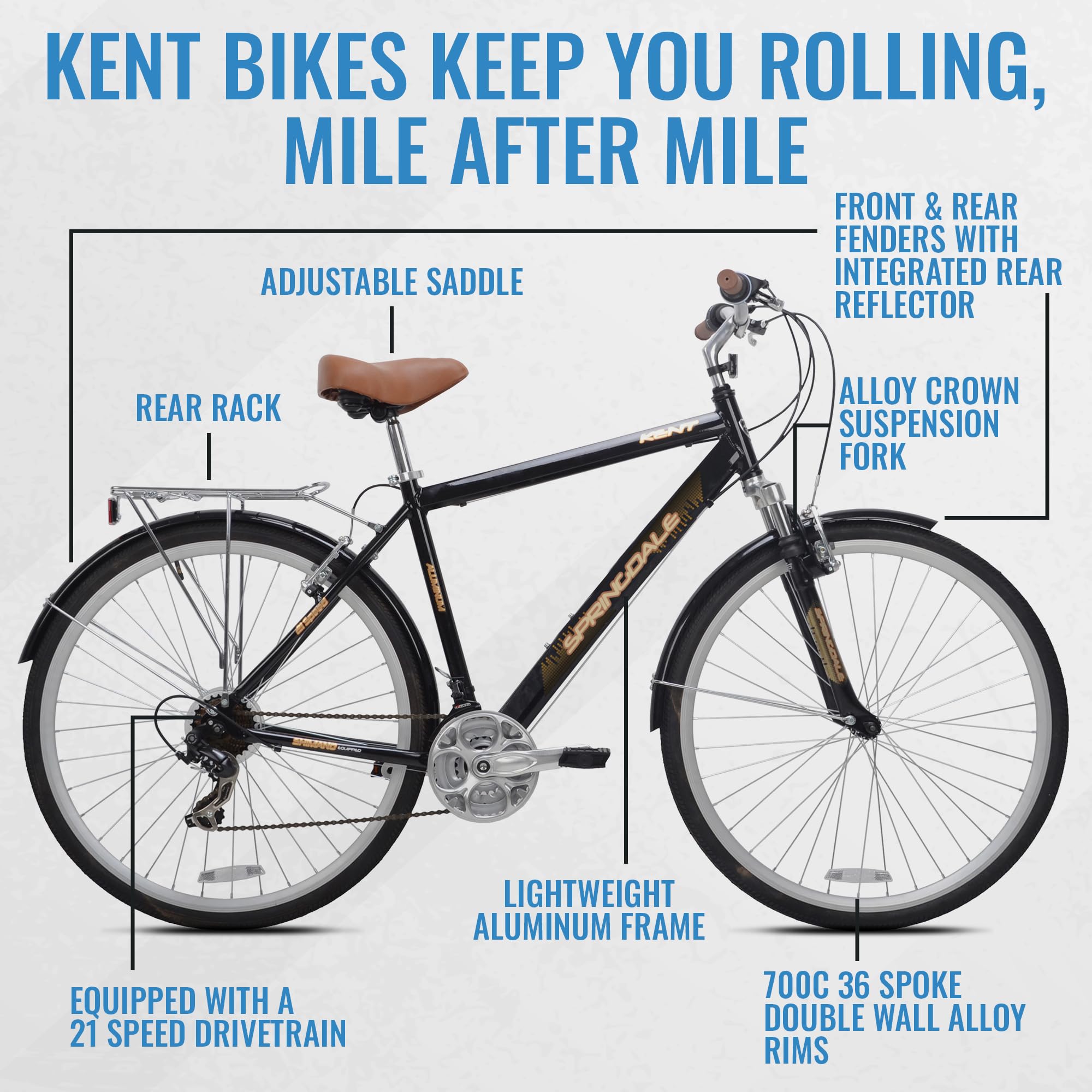 Kent International Springdale Hybrid Bicycle, Black - 700C Hybrid Bike With 21-Speed Rear Shimano Derailleur Drivetrain - Lightw