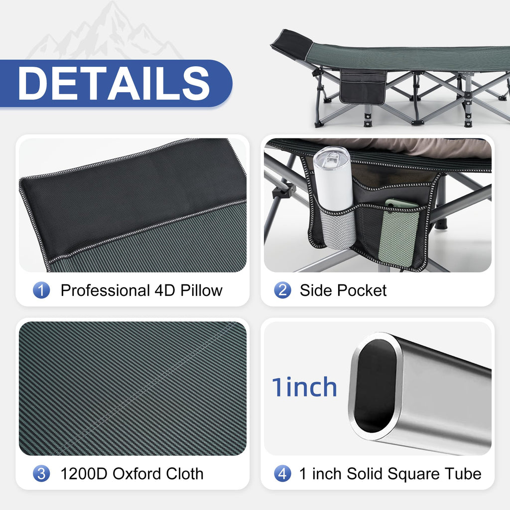 Fragess Camping Cot, Sleeping Cots For Adult, Portable Bed With Pillow And Carry Bag, 1200D Double Layer Oxford, 600 Lbs Weight