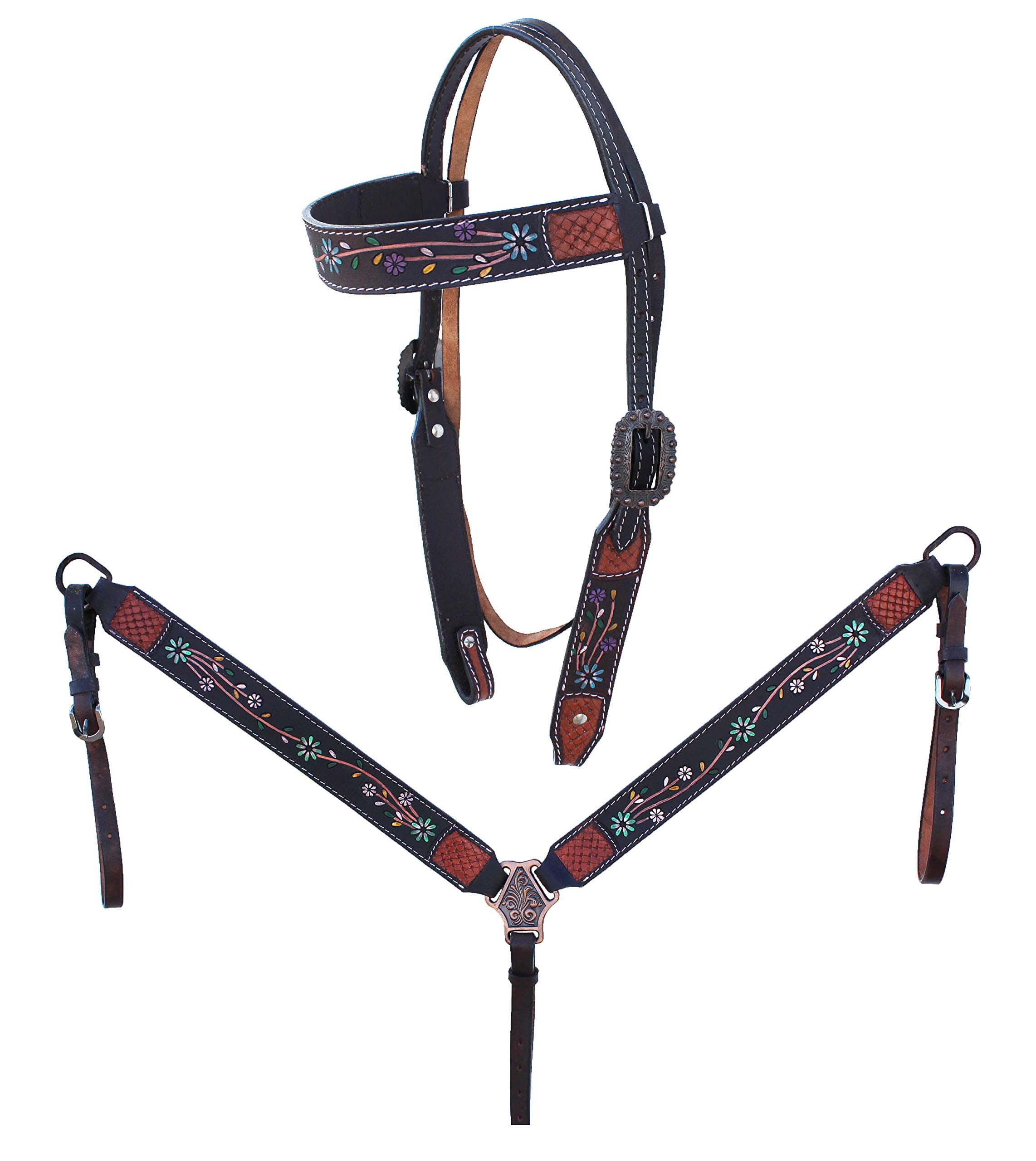 Challenger Horse Western Floral Tooled Browband Bridle & Breast Collar Tack Set 78Hr25B