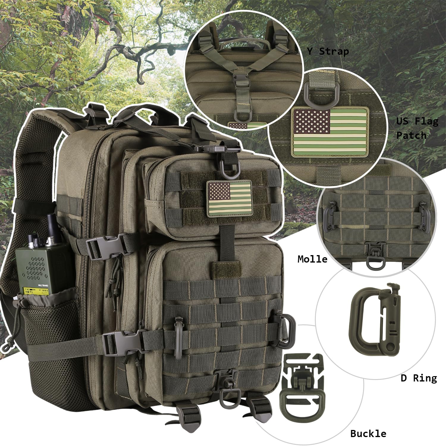Hannibal Tactical 30L Molle Assault Pack, Tactical Backpack Military Army Camping Rucksack With Bottle Holder, 3-Day Pack, Olive