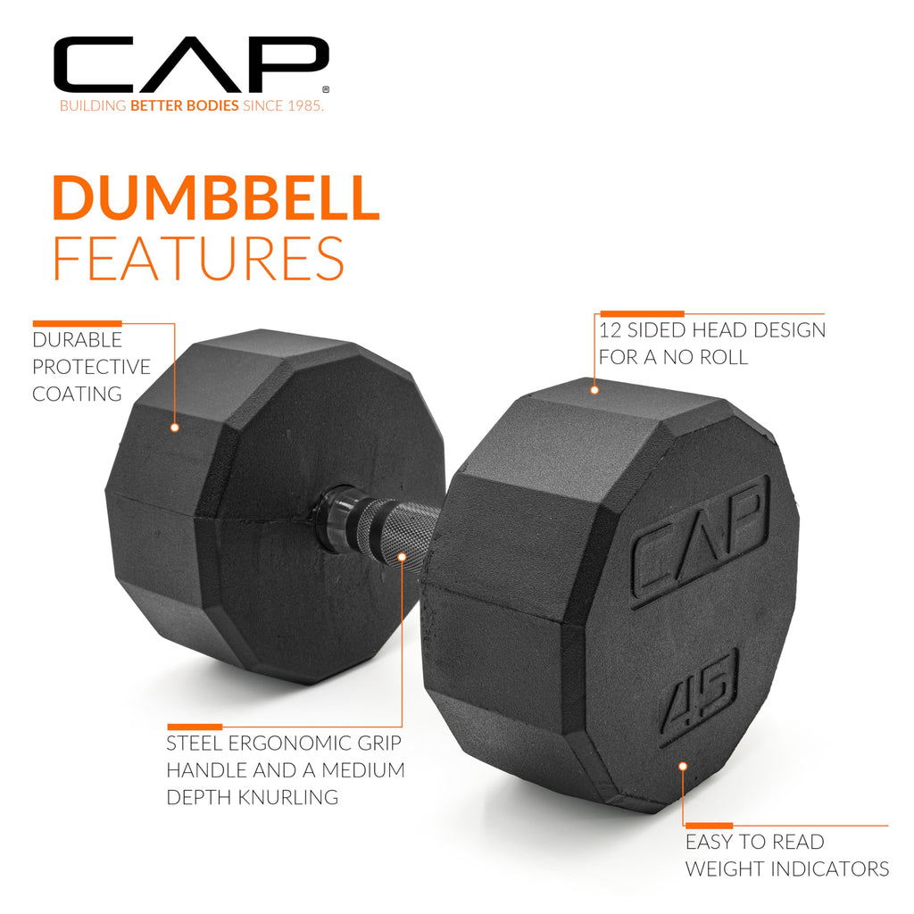 CAP Barbell 12-Sided Coated Dumbbell with Black Handle, Pair, 45 LB