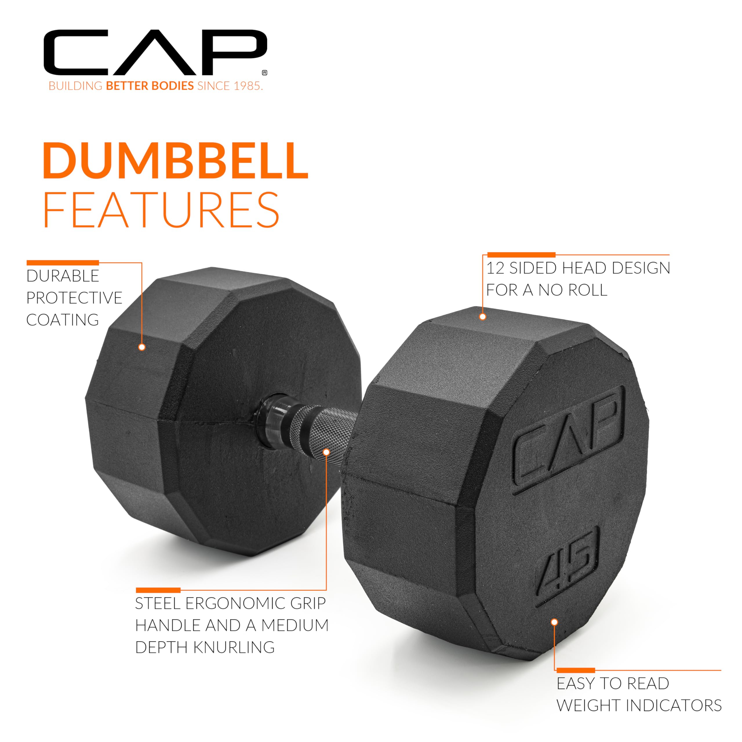 CAP Barbell 12-Sided Coated Dumbbell with Black Handle, Pair, 45 LB