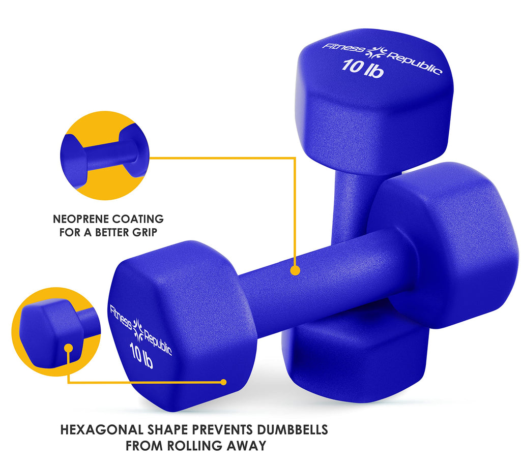 Fitness Republic 10Lb Neoprene Workout Dumbbells Set Of 2 - Non Slip, Anti Roll Exercise & Fitness Dumbbells - Hex Shaped Hand W