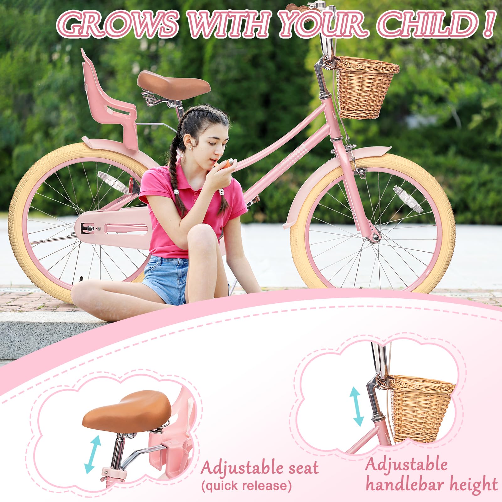 Glaf Girls Bike For 2-12 Years Old 12 14 16 20 Inch Toddlers And Kids Bike With Training Wheels & Doll Seat Girls Boys Bicycle,A