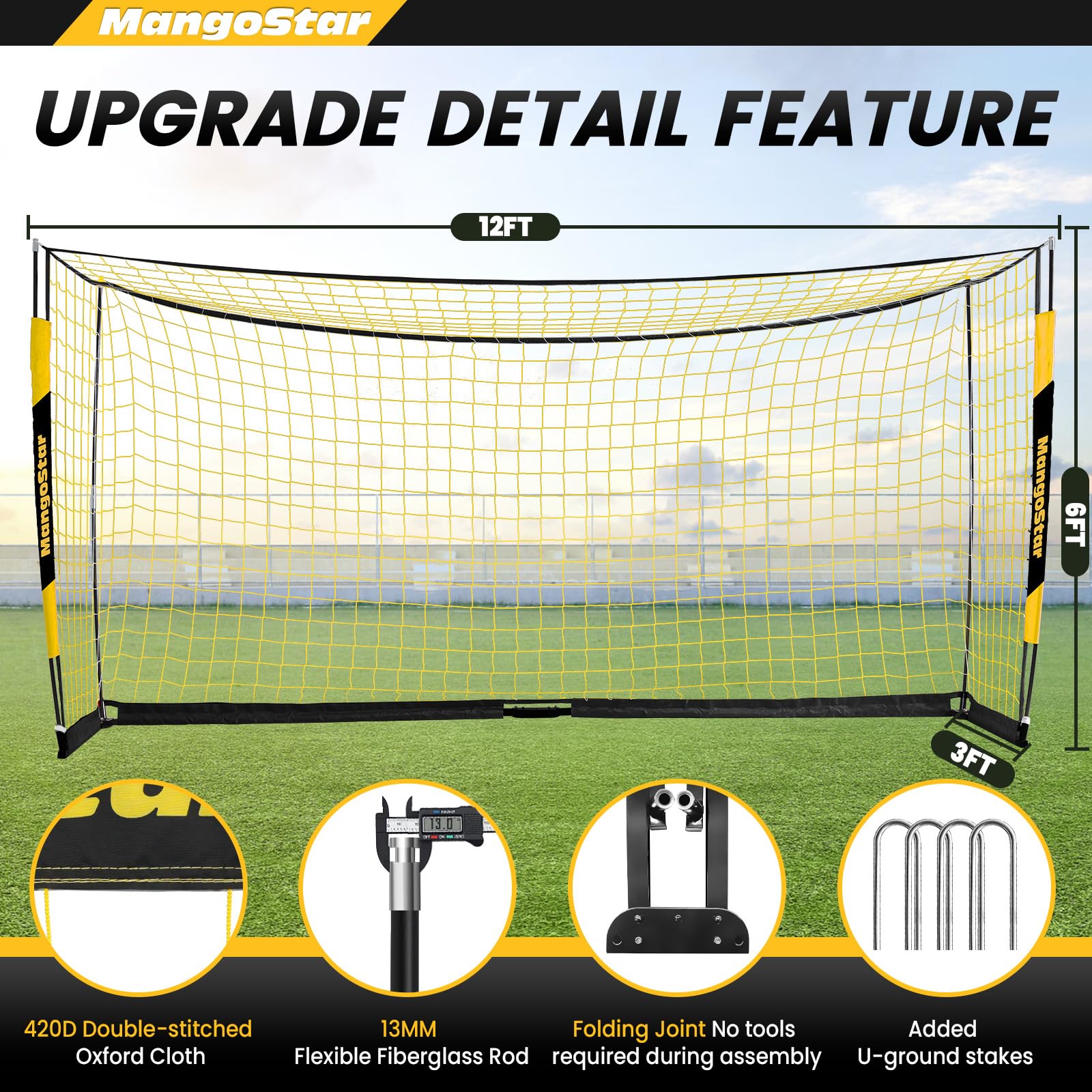 Mangostar Soccer Goal, 12X6 Ft Soccer Goals For Backyard Portable Net Collapsible Metal Base, Quick Setup Soccer Net For Indoor