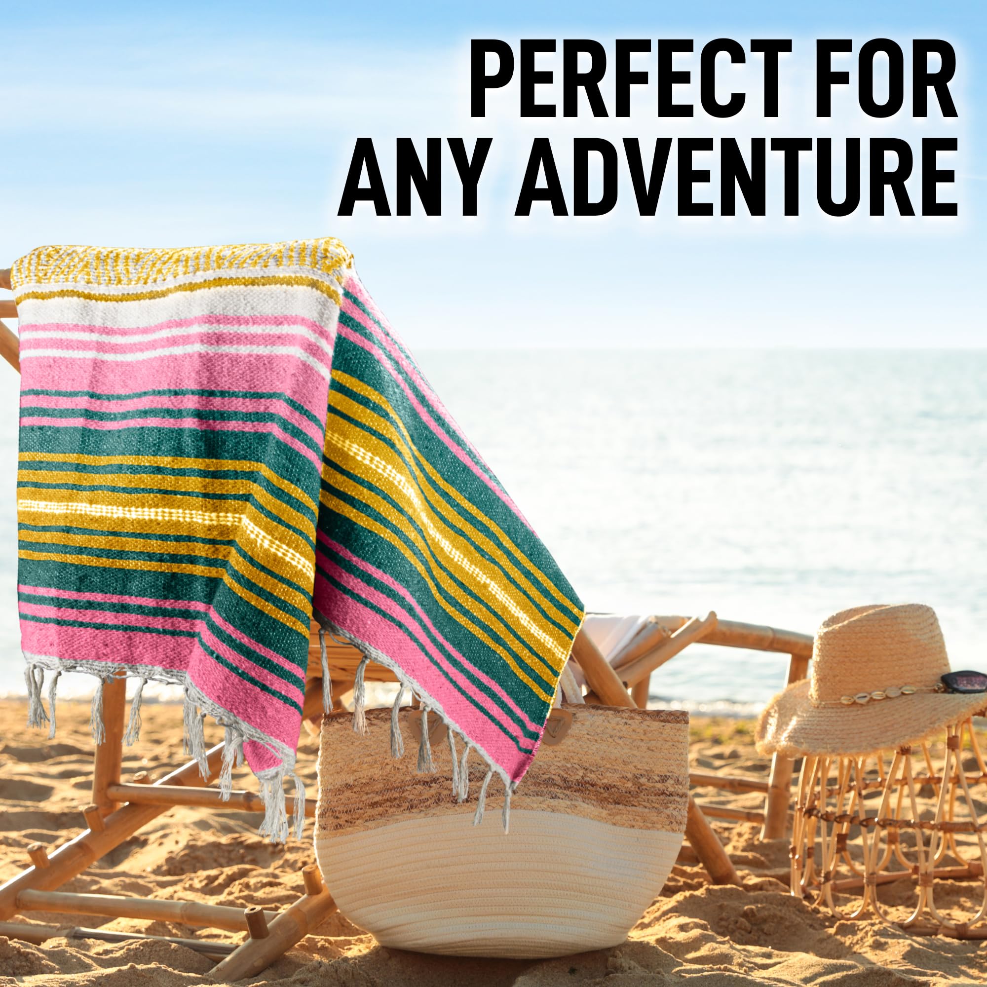 Hydration Nation Authentic Large Handwoven Mexican Striped Throw Blanket - Soft, Durable, Eco-Friendly - 70x50 - Sunshine