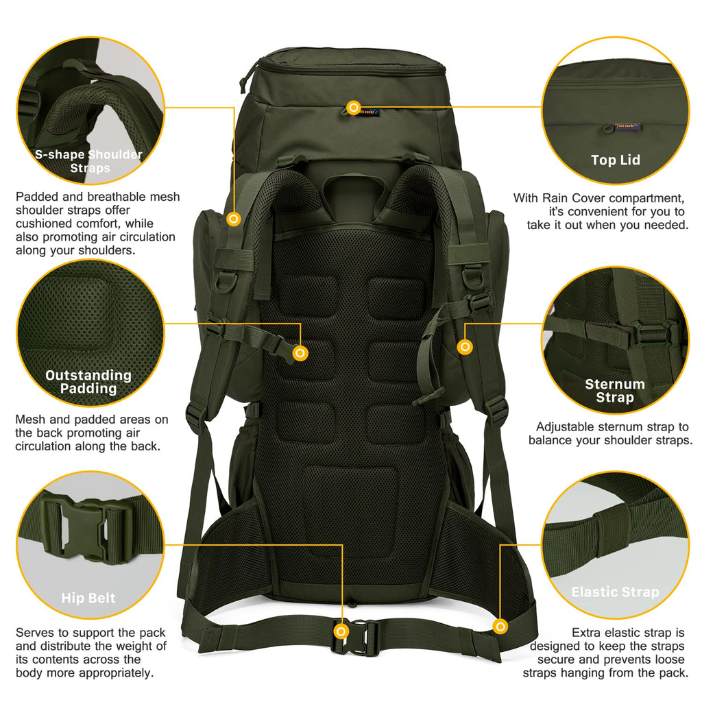Mardingtop 60L Molle Hiking Internal Frame Backpacks With Rain Cover For Camping,Backpacking,Travelling(Army Green)