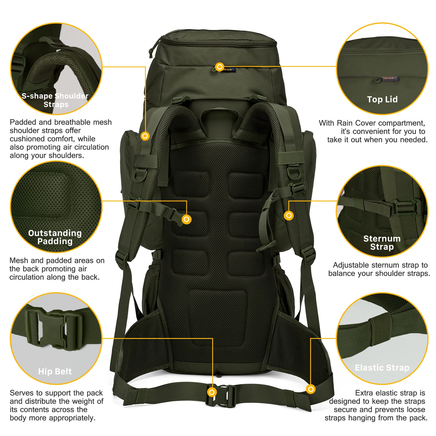 Mardingtop 60L Molle Hiking Internal Frame Backpacks With Rain Cover For Camping,Backpacking,Travelling(Army Green)