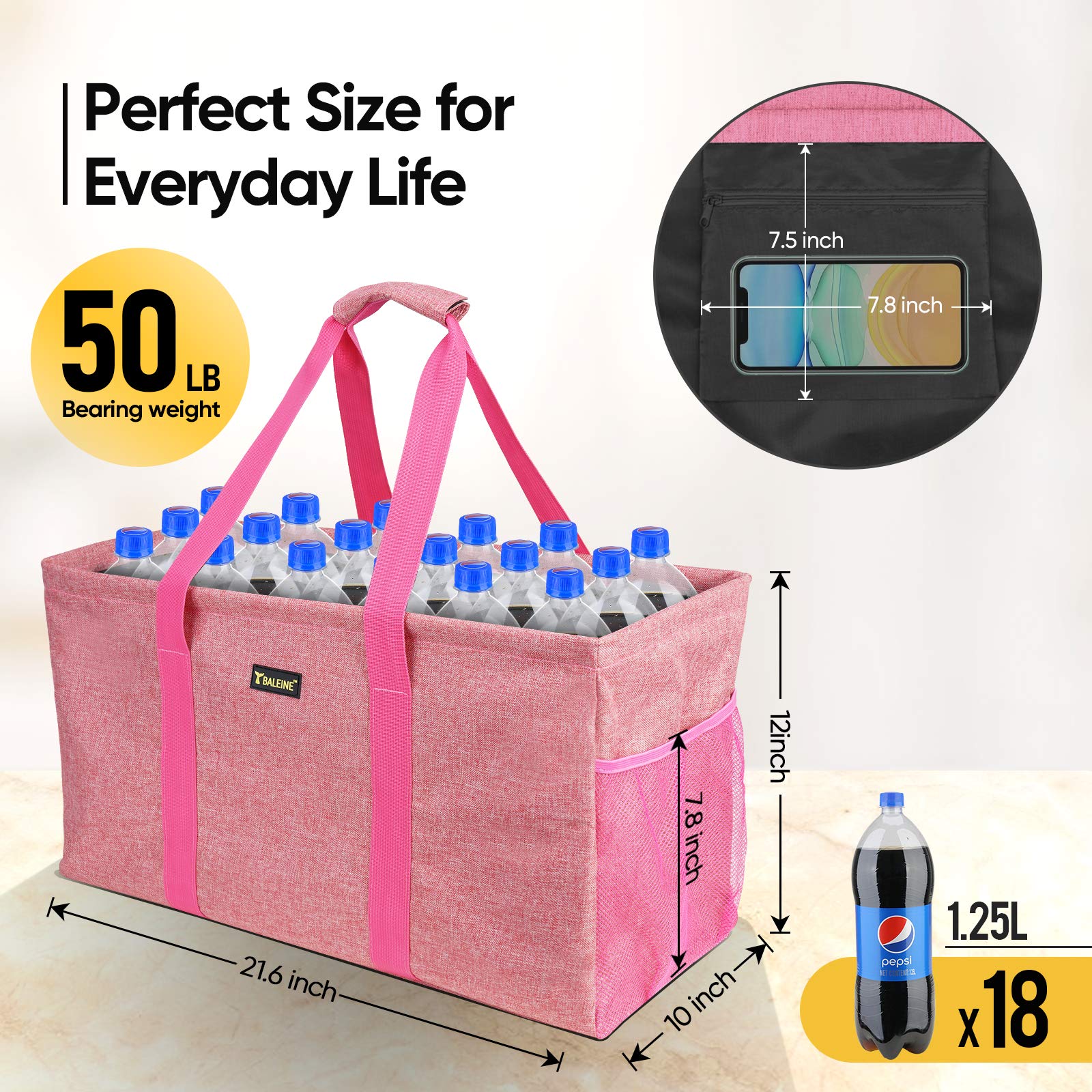 Baleine Extra Large Utility Tote Bag With Wire Frame For Storage (Pink, 1-Pack)