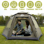 Hewolf 2/3/4 Person Camping Tent - Instant Pop Up Waterproof 2 Doors Tent With Easy Setup | 3-Season Hexagonal Dome Design For F
