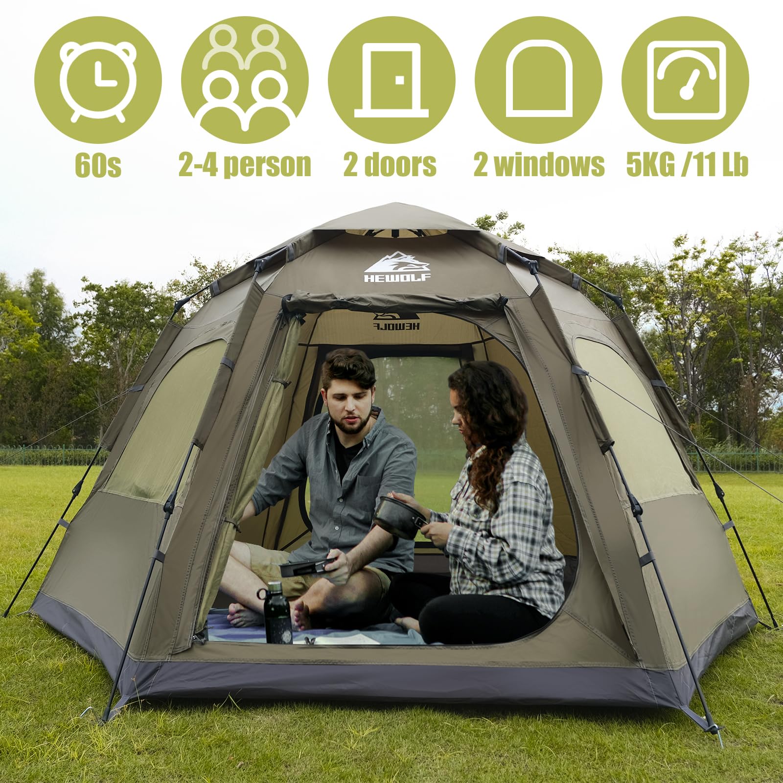 Hewolf 2/3/4 Person Camping Tent - Instant Pop Up Waterproof 2 Doors Tent With Easy Setup | 3-Season Hexagonal Dome Design For F