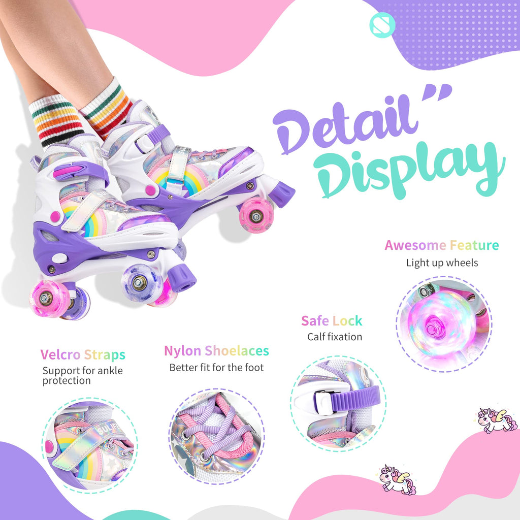 Sulifeel Rainbow Unicorn 4 Size Adjustable Light Up Roller Skates For Girls Boys For Youth Purple Large