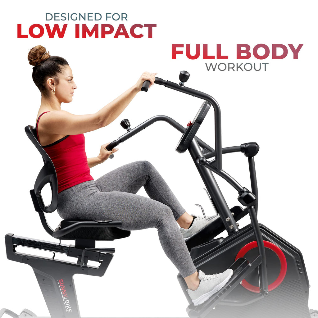 Sunny Health & Fitness Electromagnetic Recumbent Cross Trainer Exercise Elliptical Bike W/Arm Exercisers, Easy Access Seat & Exc