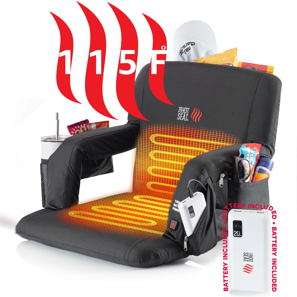 Pop The Original Hot Seat, Dual Heat Stadium Chair With Back Support, Heats Seat And Back, 3 Heat Levels, 5 Pockets, 6 Reclining