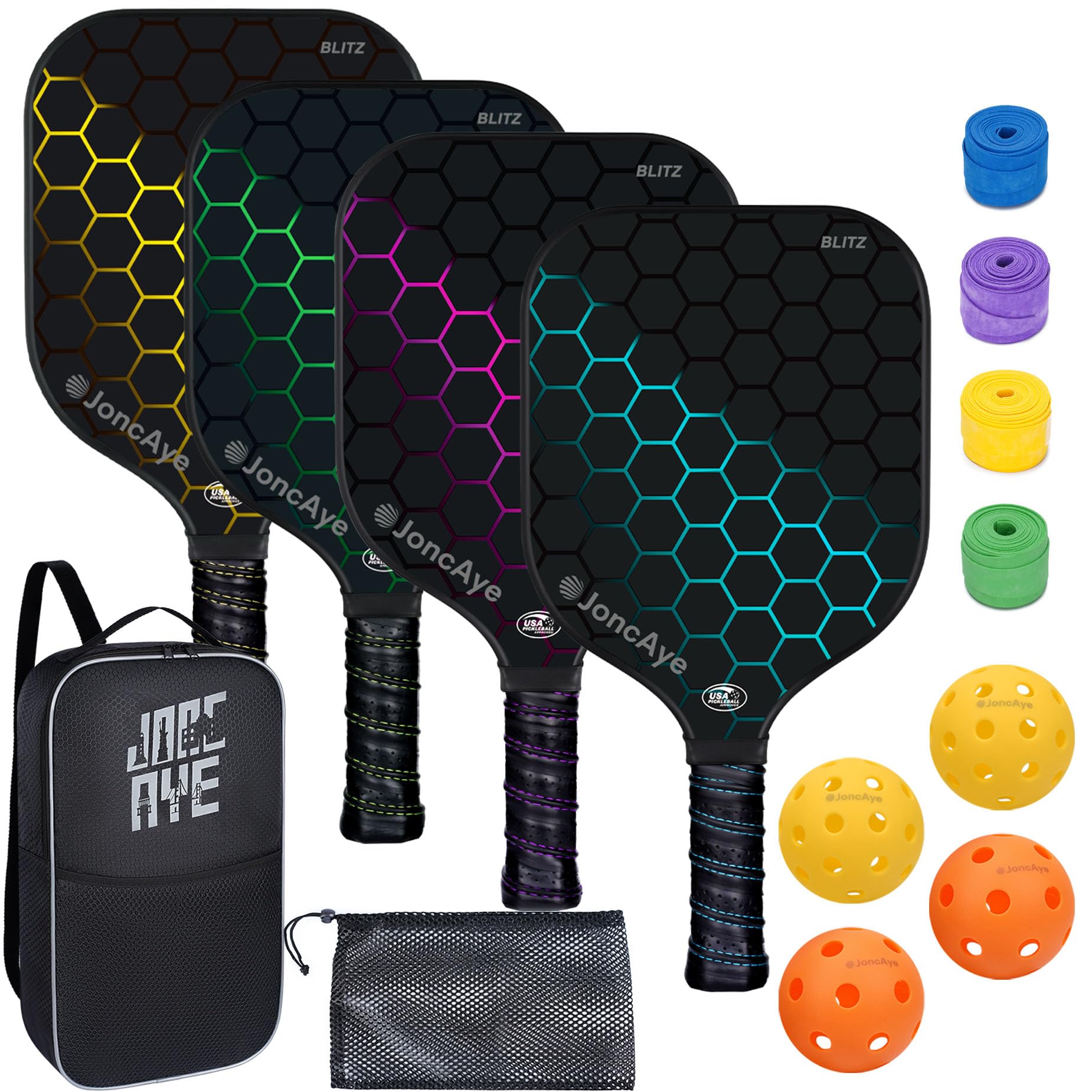 Pickleball Paddles Set Of 4 Incl 4 Fiberglass Pickleball Rackets, 4 Balls 1 Pickleball Bag 4 Grip Tapes, Joncaye Pickleball Set