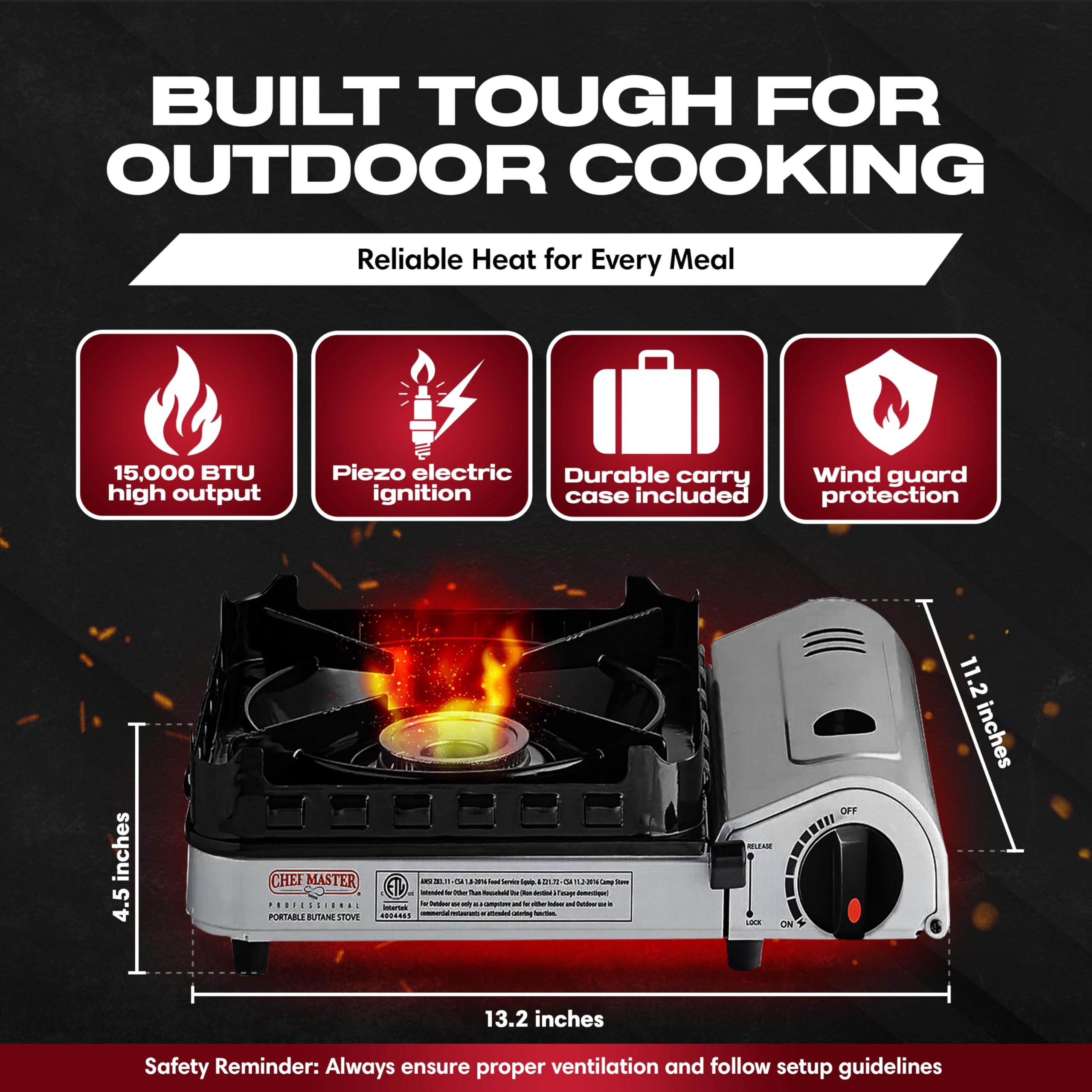 Chef Master 15,000 Btu Butane Portable Camp Stove + 4X 8Oz Butane Canisters | Double Wind-Guard Portable Stove Burner W/Piezo Ig