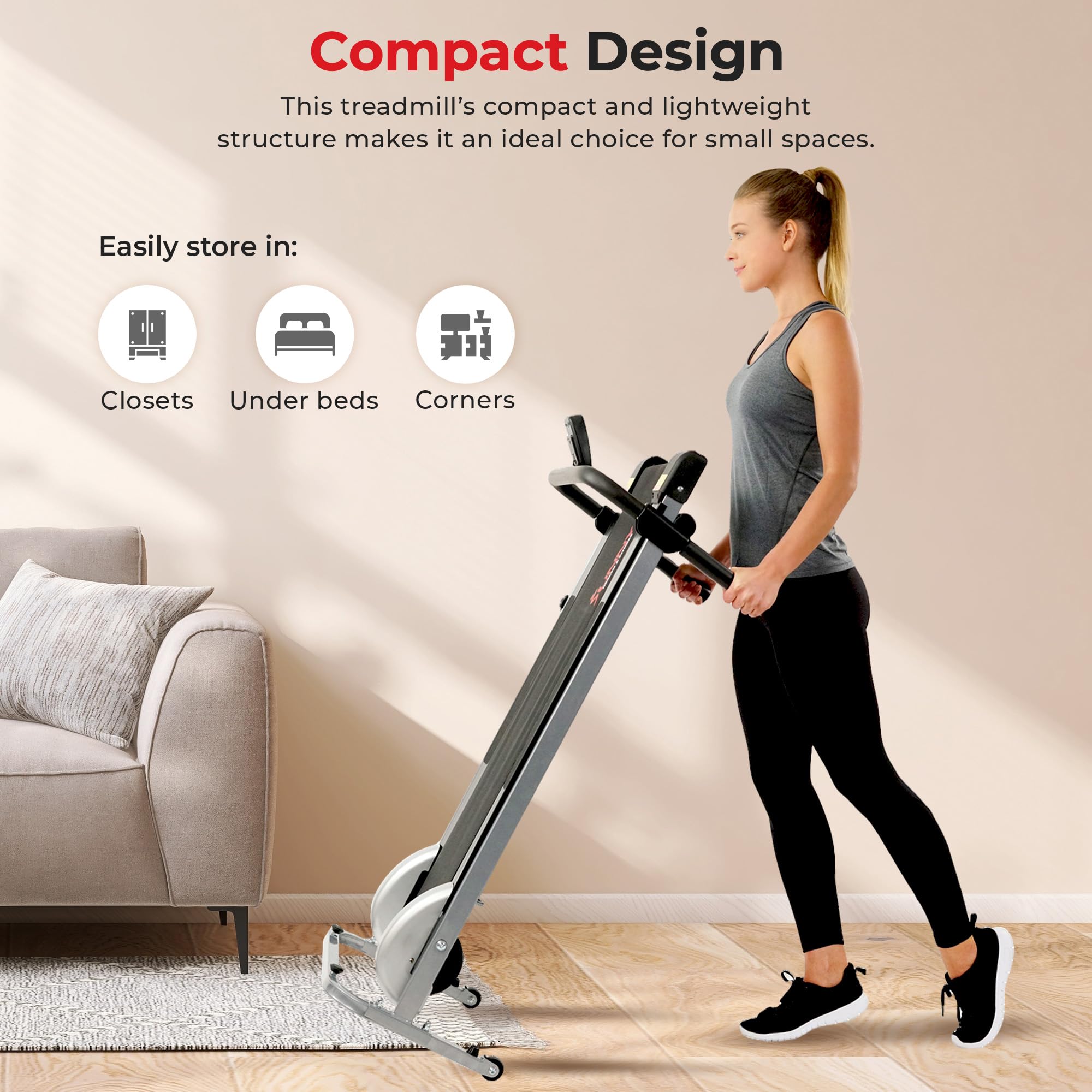 Sunny Health & Fitness Manual Walking Treadmill, Non-Electric, Foldable & Compact Design, Quiet Tread Pad, Transportation Wheels