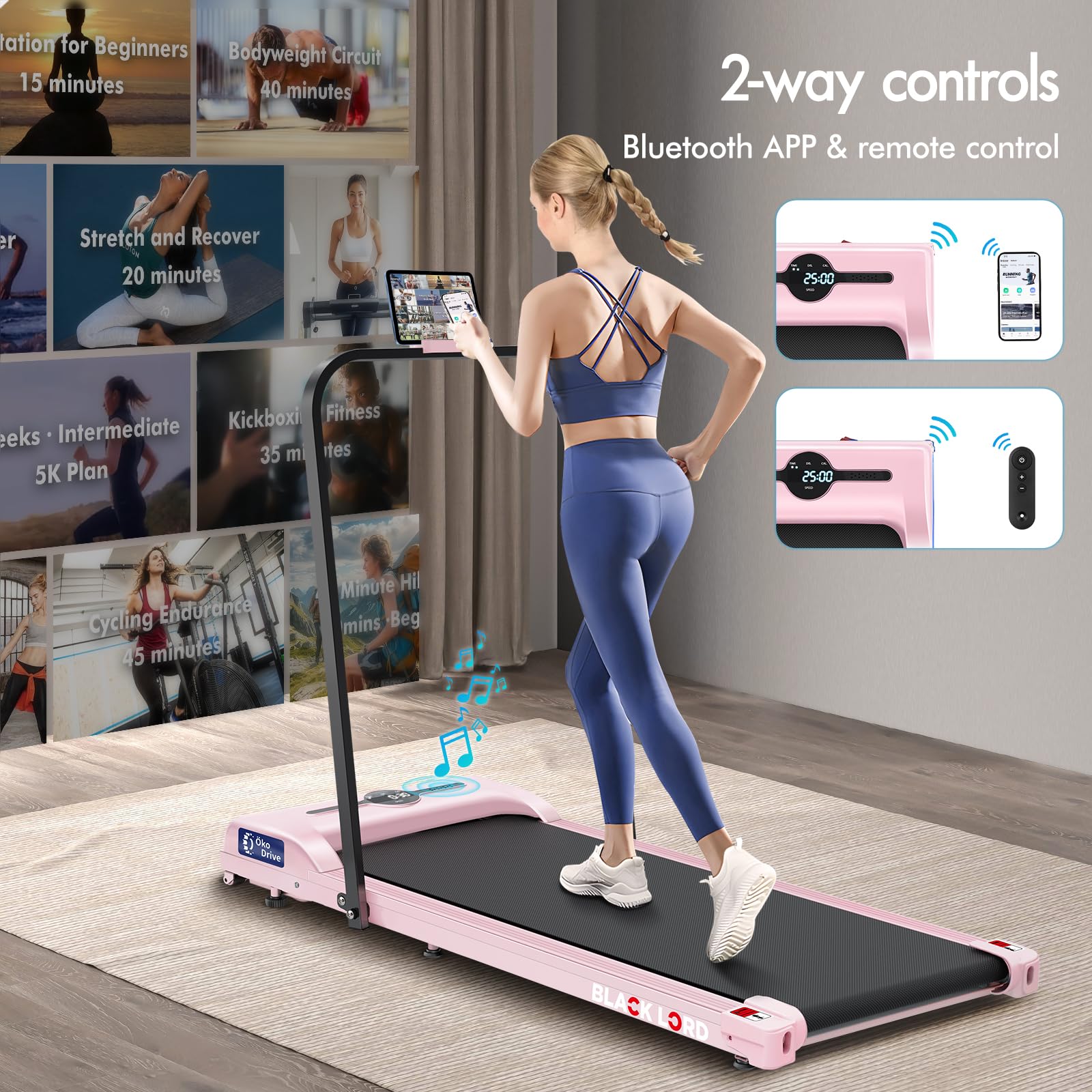 Black Lord 4 In 1 Walking Pad With Handle Bar, 2.7 Hp Quiet Foldable Under Desk Treadmill W/Bluetooth Speaker, Small Portable Ru