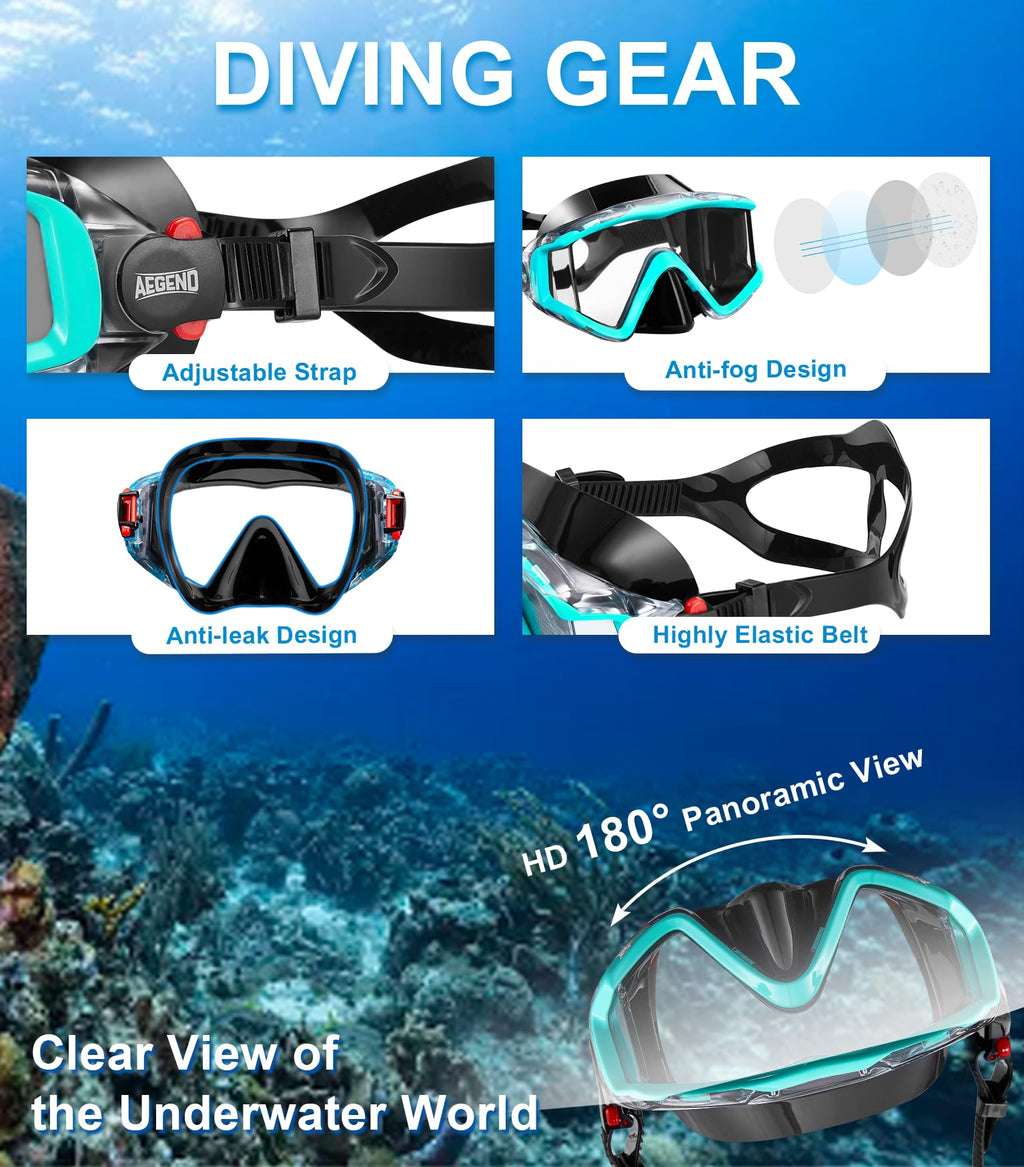 Aegend Snorkeling Gear for Adults, Dry Snorkel Set Panoramic View Enhanced Anti-Leak and Anti-Fog Technology, Adjustable Strap f
