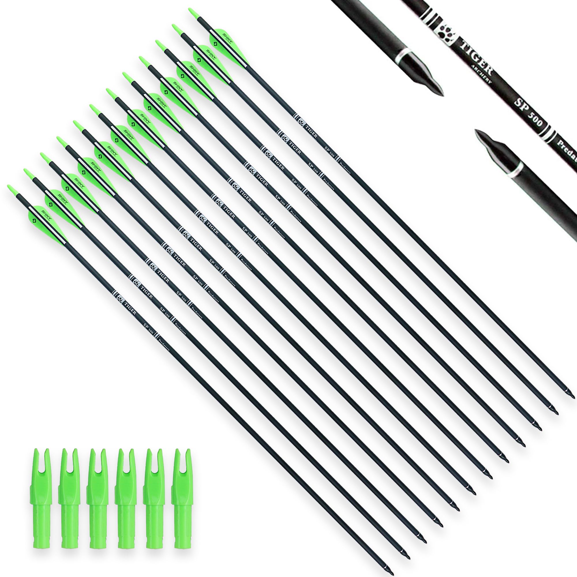 Tiger Archery 30Inch Carbon Arrow Practice Hunting Arrows With Removable Tips For Compound & Recurve Bow(Pack Of 12) (Light Gree