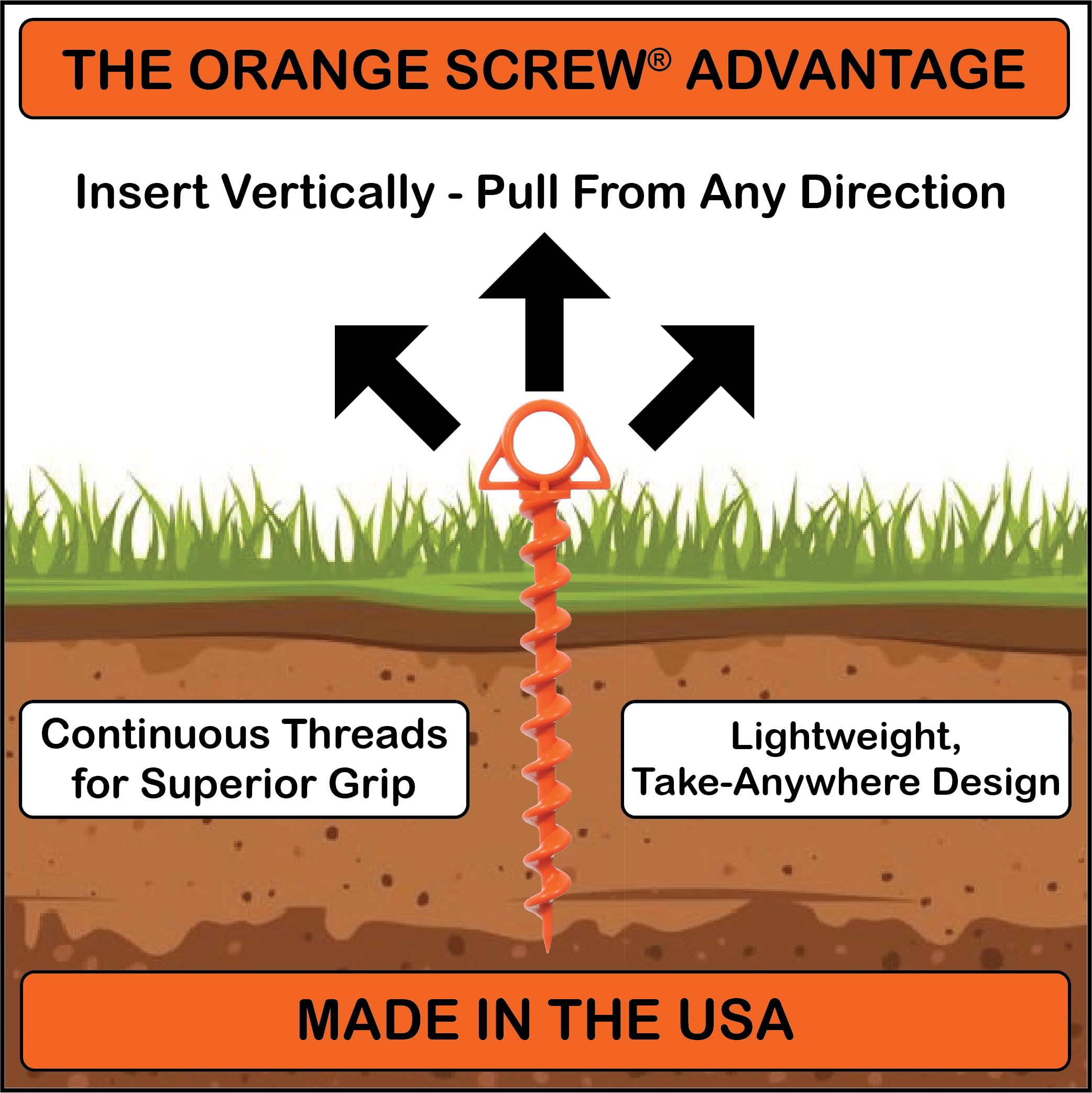 Orange Screw: The Ultimate Ground Anchor  Large 2 Pack Tent Stakes  Made In Usa (Orange)
