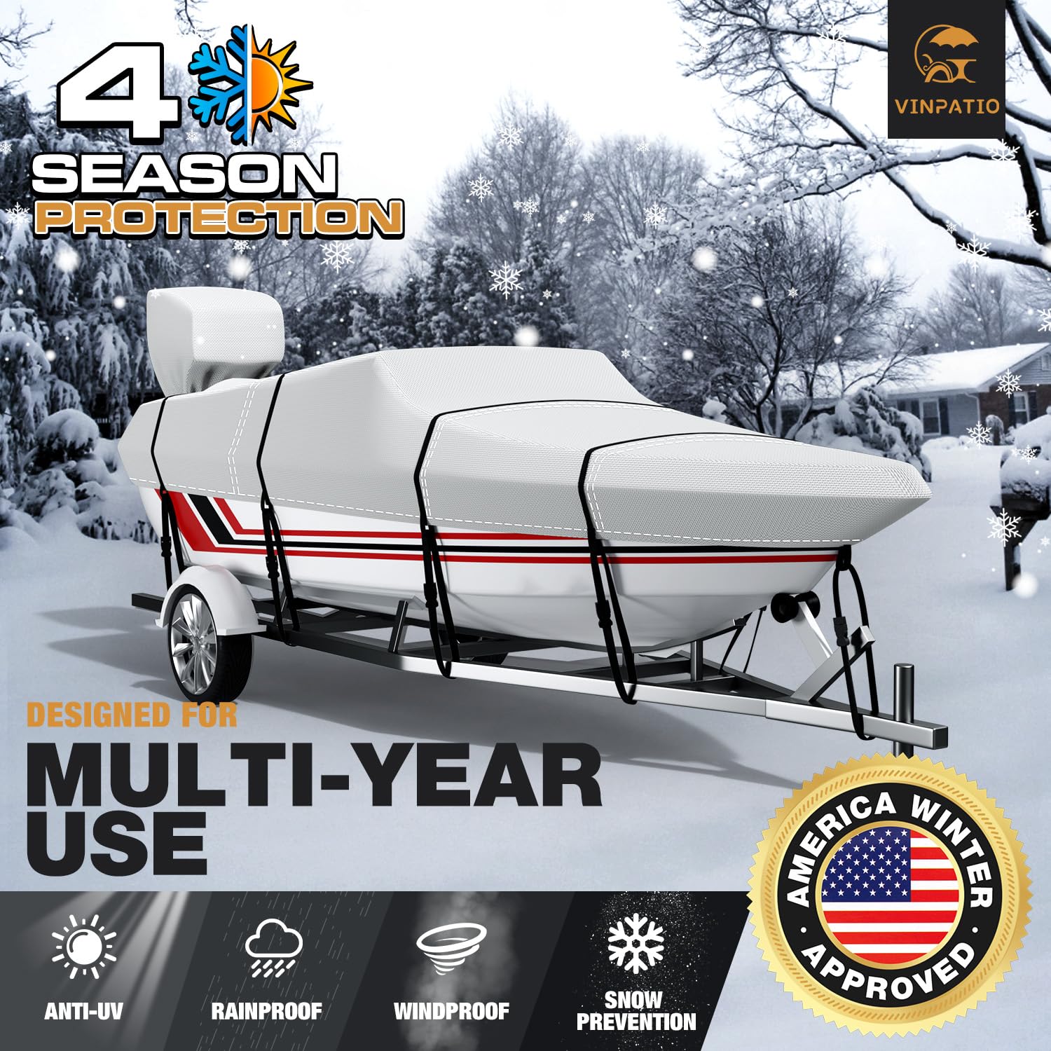Vinpatio Trailerable Boat Cover, 600D Solution-Dyed Bass Boat Cover, 20-22 Ft Heavy Duty 100% Waterproof Boat Covers Fits V-Hull