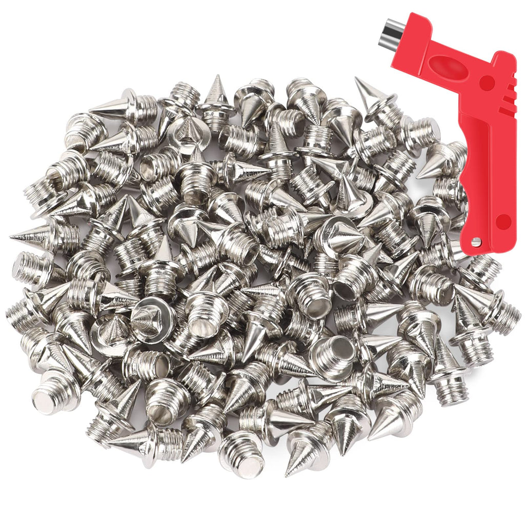 Vocool 100 Pcs 1/4Inch Silver Stainless Steel Track And Cross Country Spikes With Spike Wrench, Pyramid Replacement Track Spikes