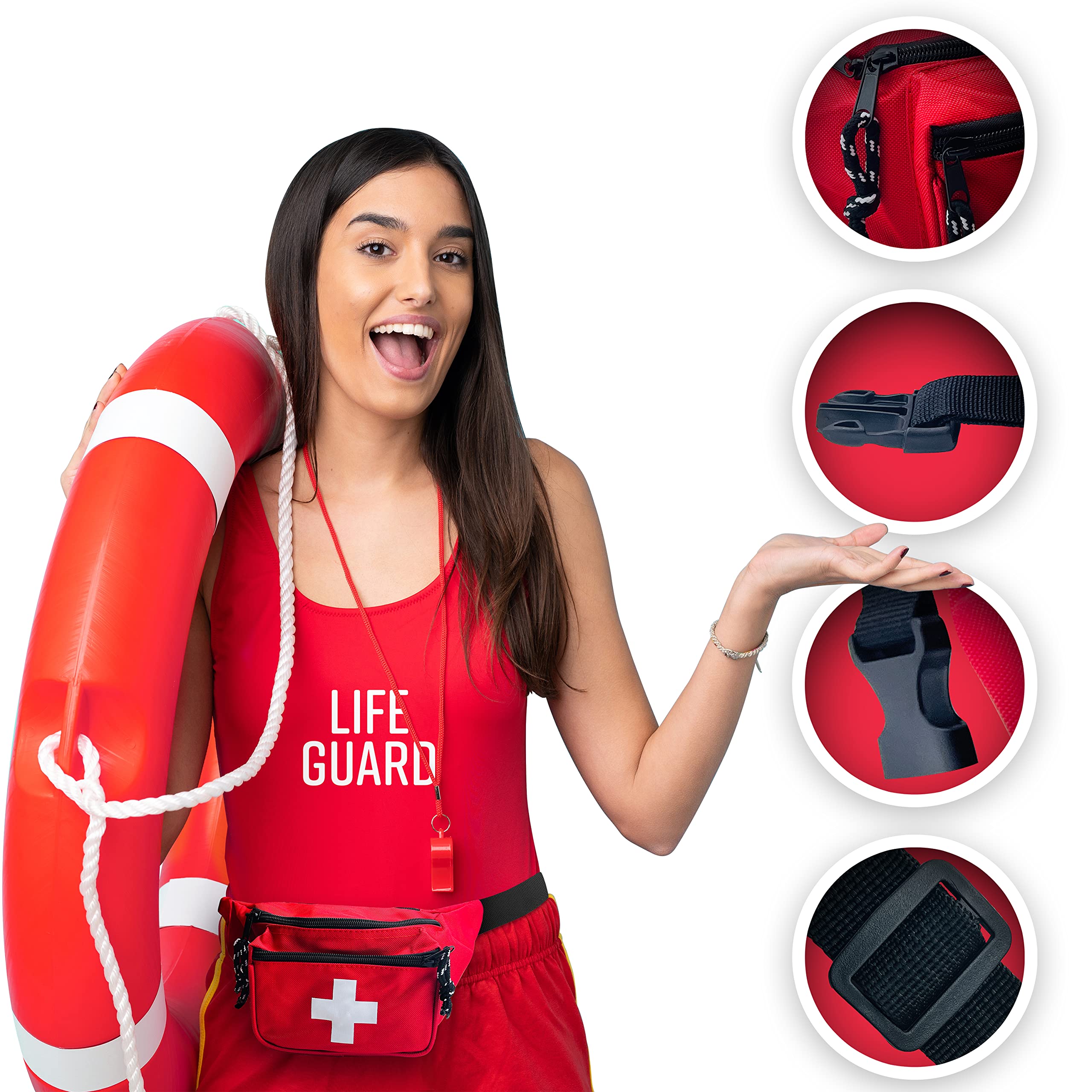 Asa Techmed Lifeguard Fanny Pack With Whistle Lanyard - Baywatch Style First Aid Hip Pack W/Adjustable Strap, Cross Logo + Zippe