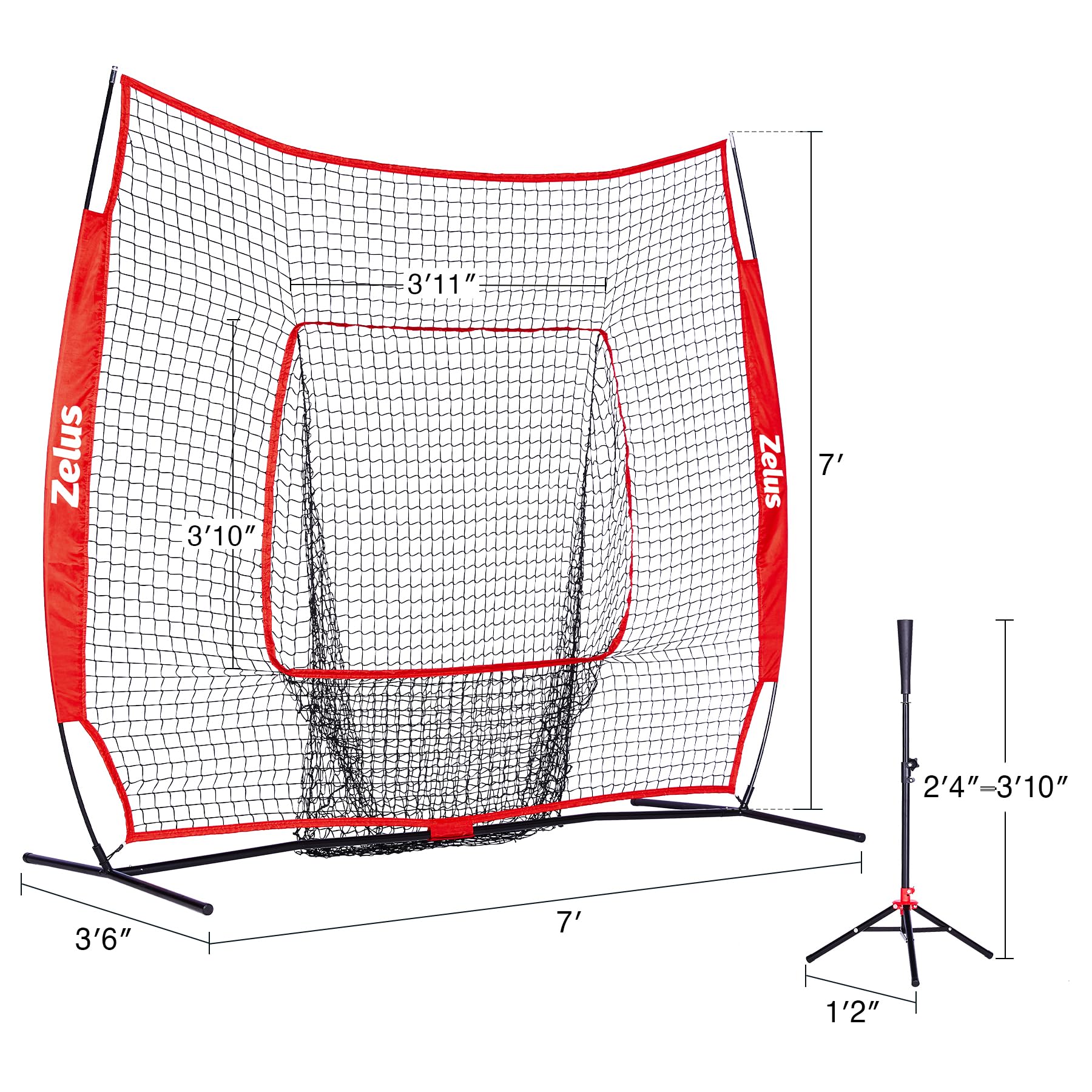 Zelus 7X7Ft Baseball Softball Practice Net | Portable Baseball Net With Tee, 2.8'' 16Oz Weighted Baseball And Carry Bag For Batt