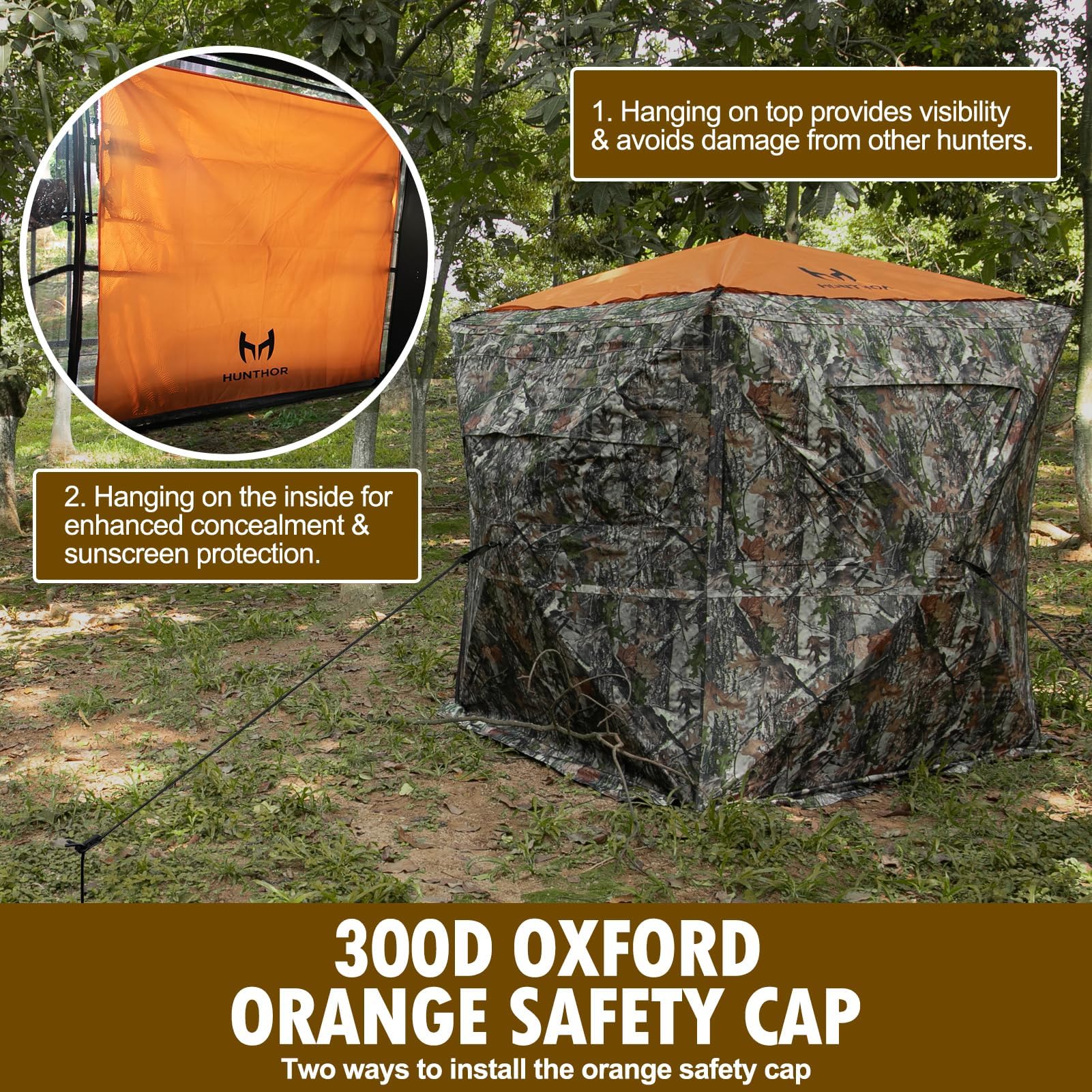 Hunthor Hunting Blind For 2-3 Person, 270 Degree See-Through Ground Blind With Silent Zipper And Orange Top, Portable Pop-Up Ten