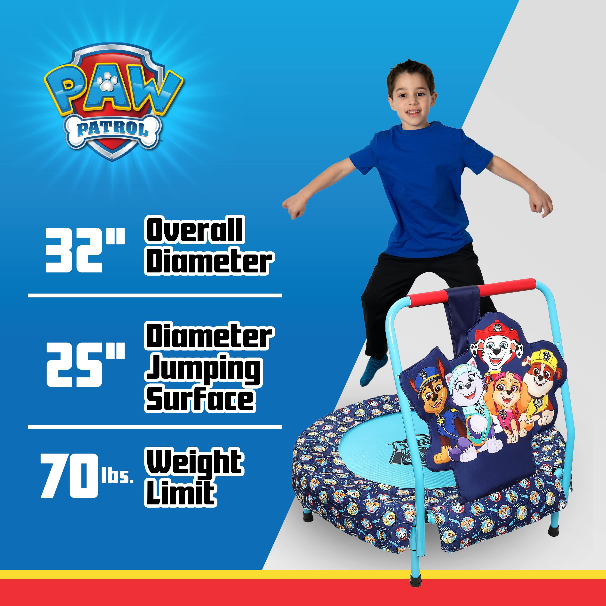 PAW Patrol Indoor Mini Trampoline with Handle for Toddlers, Features Everest, Chase, Marshall, Skye and Rubble, Multi
